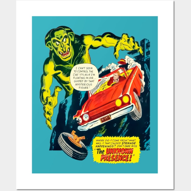 Car Crash The Unknown Presence Monster Halloween Retro Comic Vintage Cartoon Wall Art by REVISTANGO